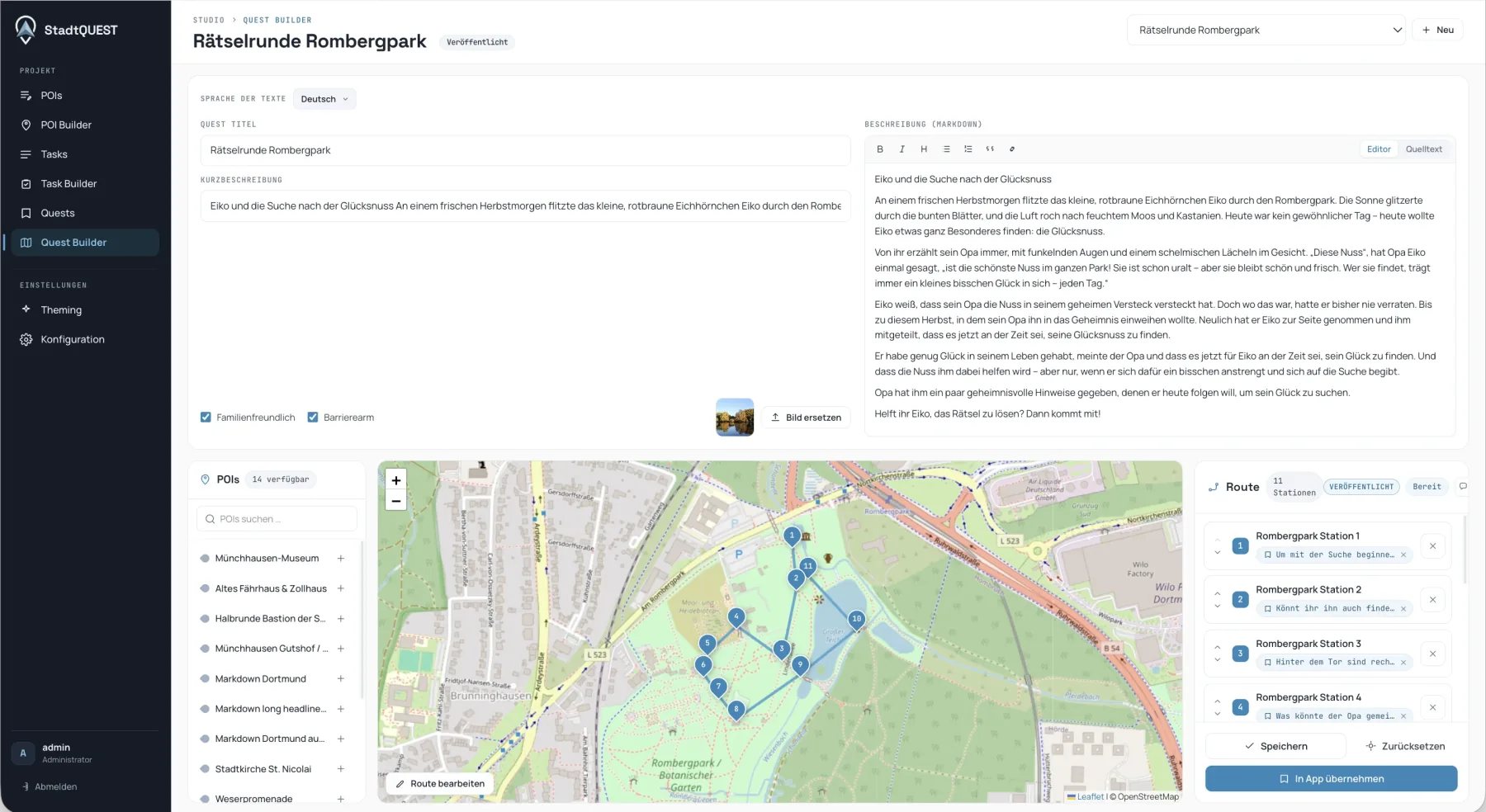 StadtQUEST Studio mit Tour, Routenverlauf und Stationen