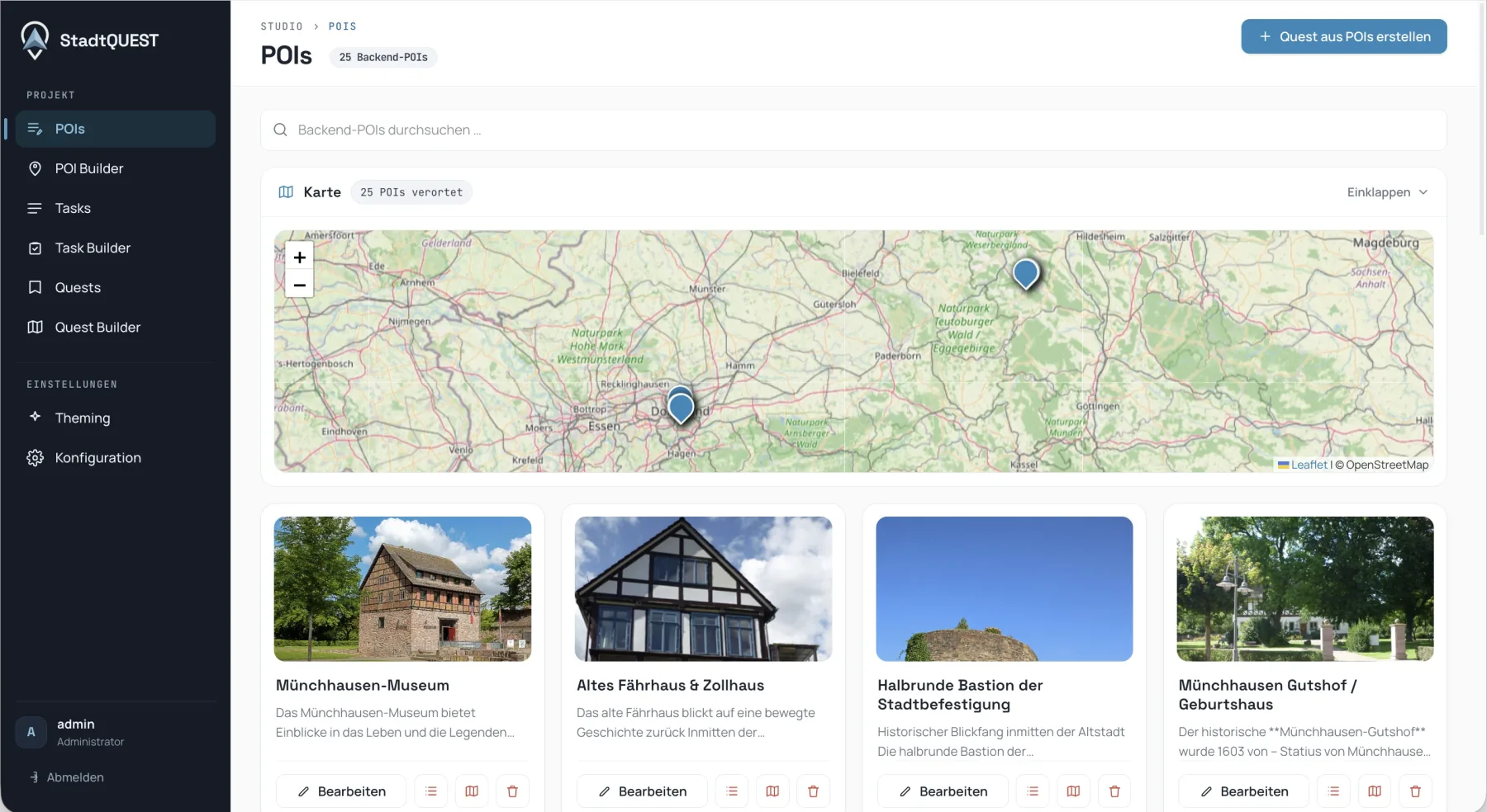 StadtQUEST Studio Desktop Ansicht mit POI-Karte